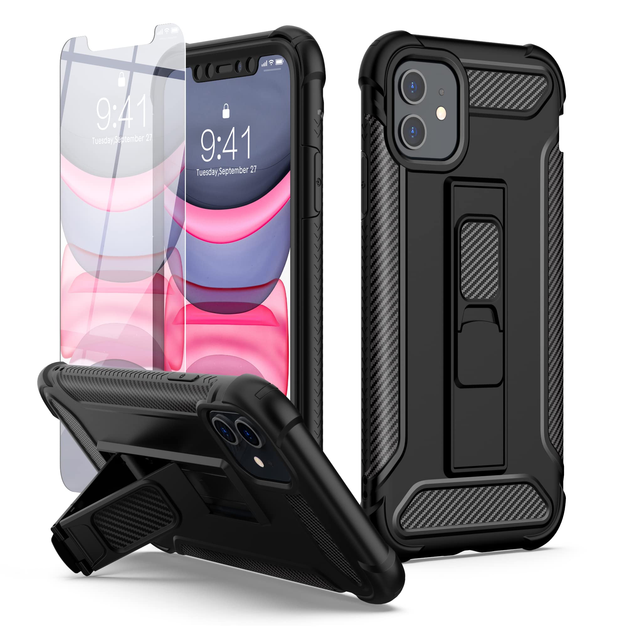 ORETECH for iPhone 11 Case, and [2 Pack Tempered Glass Screen Protector] [Built-in Kickstand] Military Grade Drop Tested Shockproof Cover - Black