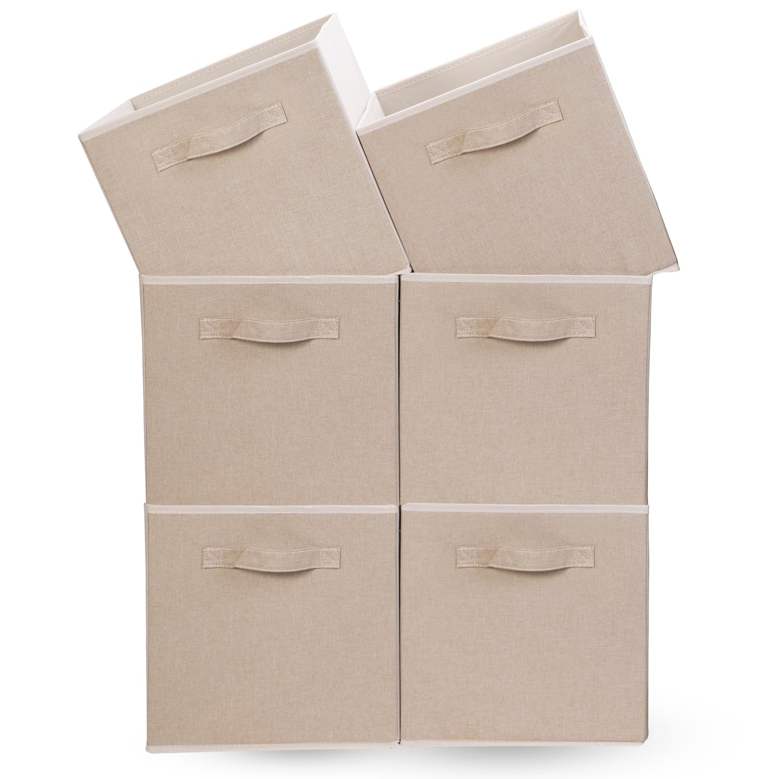 OVAKIA Pack of 6 Foldable Storage Box Cubes, 30x30x30cm Fabric Bins Basket for Clothes Toys, Sturdy Organizer with Handle, Beige