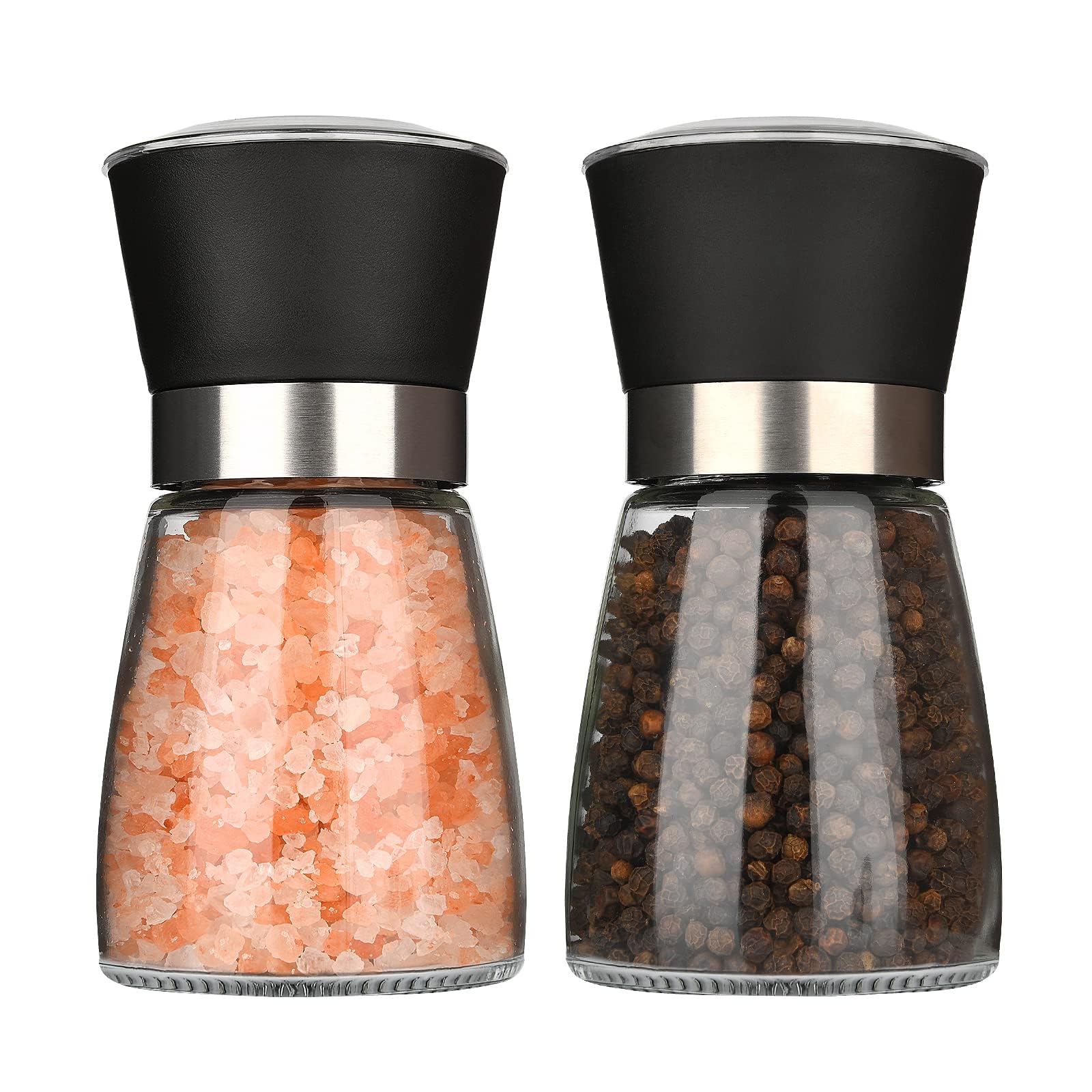Hotder Salt and Pepper Grinder Set,Salt and Pepper Mill with Adjustable Ceramic Core& Glass Body,Salt & Pepper Shakers for Condiment and BBQ,No Salt/Pepper Included (2pack)(180ml)