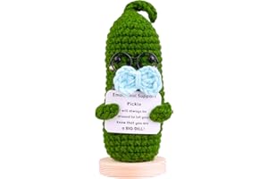 MuMyer Funny Positive Crochet Cucumber, Handmade Emotional Support Pickled Cucumber Doll Car Dashboard Decoration with Encouraging Messages Wooden Base for Car Home Office(C4)