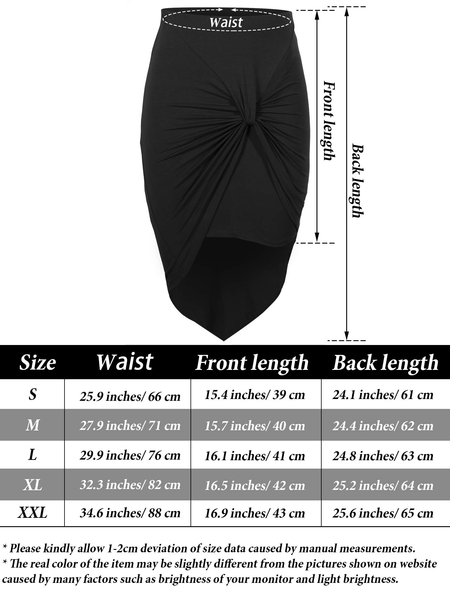 Women Drape Wrap Bodycon High Low Midi Pencil Skirt with Jersey Knit Asymmetrical Hem (Black, S)