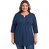VIBOHCILLE Plus Size Tops for Women Notched Neck 3/4 Sleeve Front Pleated Button Decor Blouses Dressy Casual