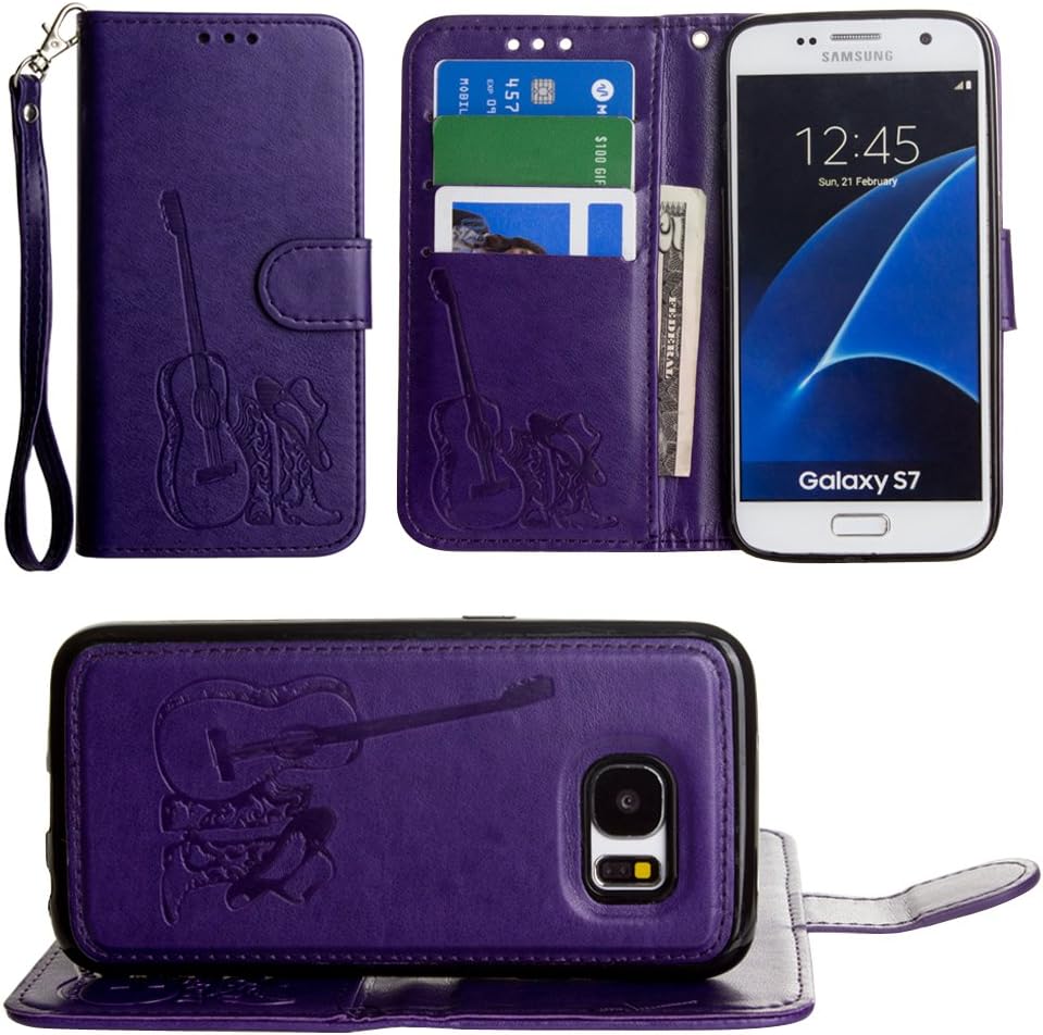 CellularOutfitter Samsung Galaxy S7 Wallet Case - Embossed Country Western Design w/ Matching Detachable Case and Wristlet - Purple