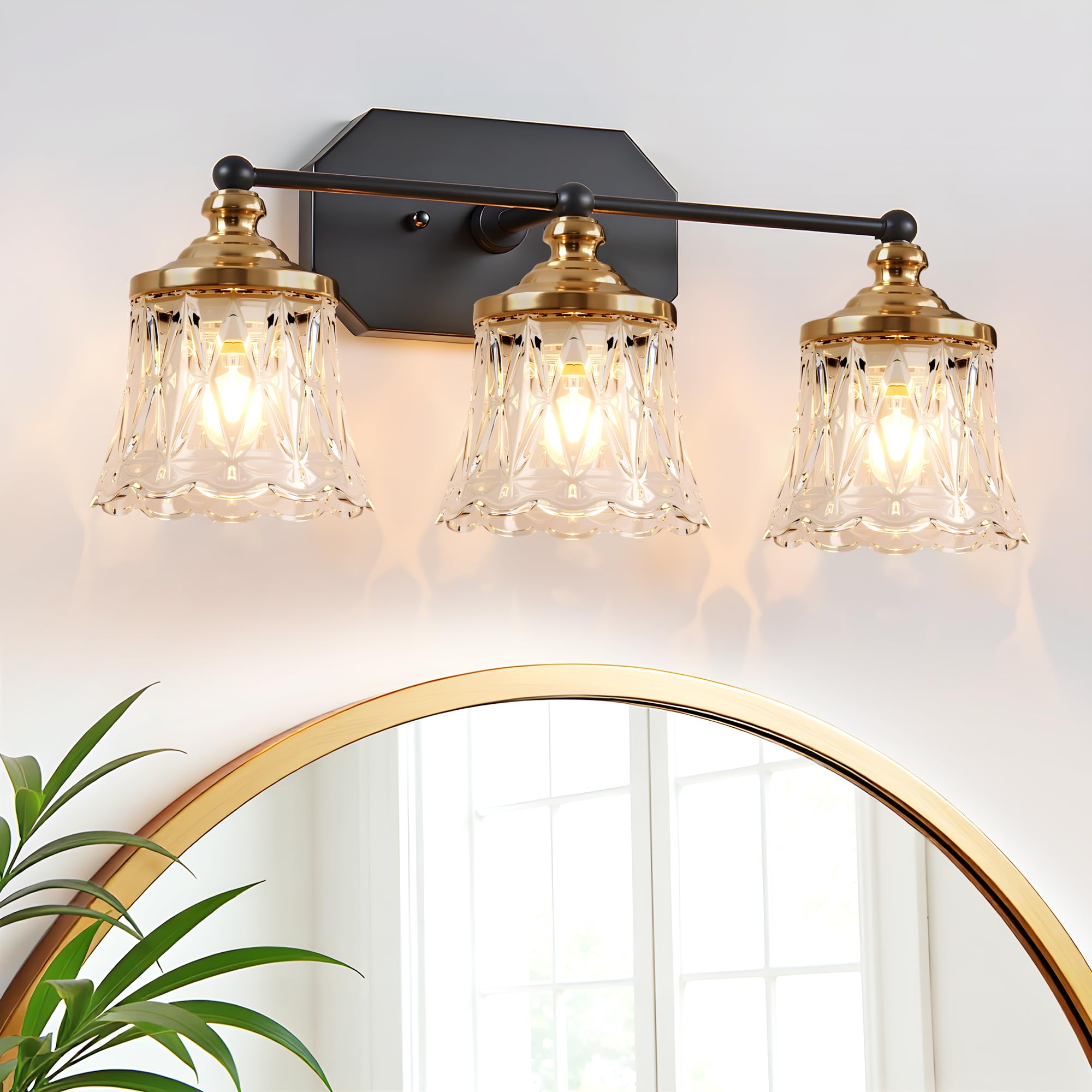 Photo 1 of Vintage Bathroom Vanity Light Fixtures, Black and Gold 3-Light Vanity Light, Antique Bathroom Lighting Fixtures Over Mirror with Crystal Glass Shade, Vanity Lights for Bedroom Living Room Hallway