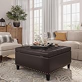 FiveWillowise Square Leather Ottoman with Storage, Faux Leather Coffee Table with Lift Top,Large Upholstered Footrest Stool Toy Box Storage Bench for Bedroom Living Room, Chocolate
