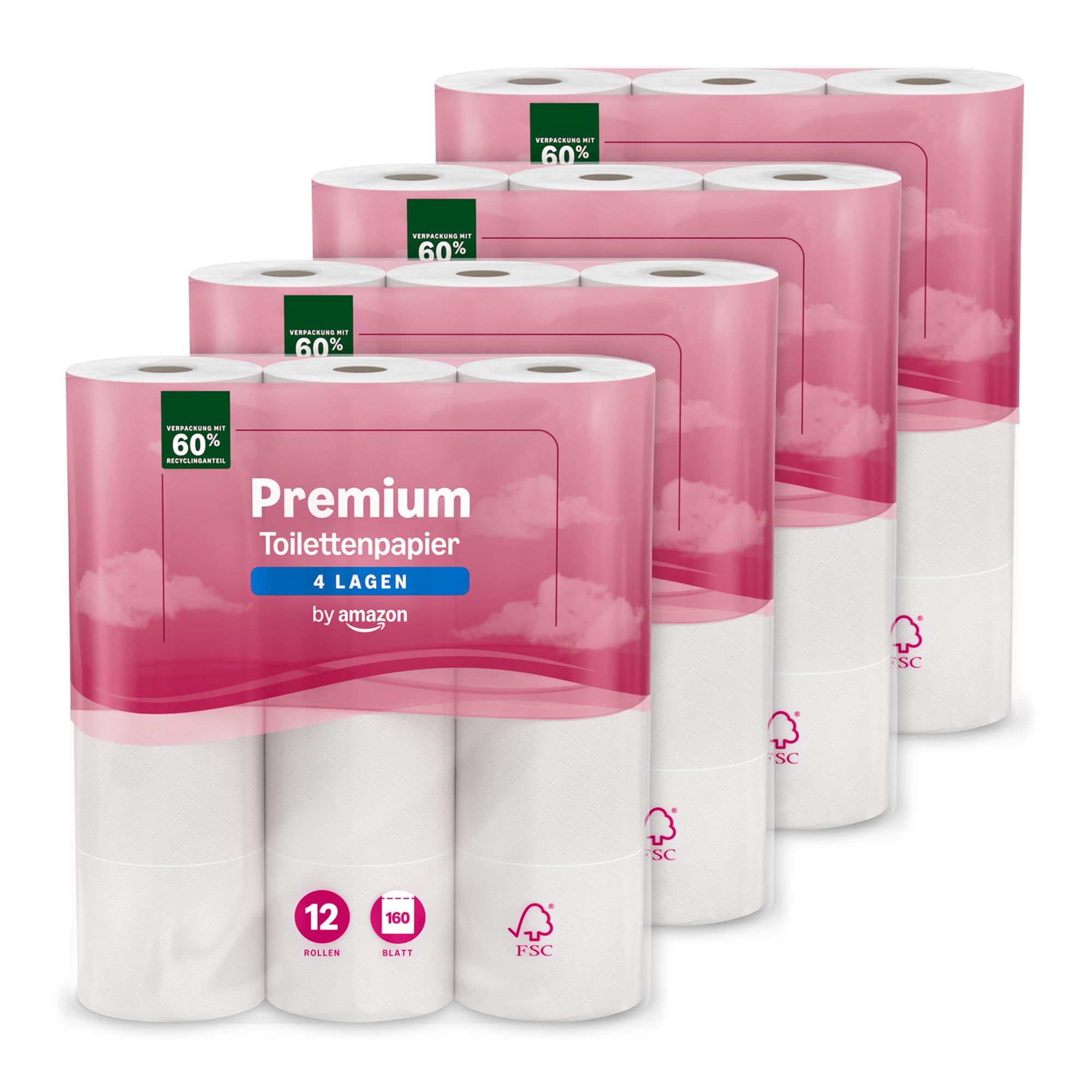 by Amazon Toilettenpapier, 4-lagig Gestepptes, Besonders Weich, 48 Rollen (12 Rollen, 4-er Pack), 160 Blätter pro Rolle, FSC-Zertifiziert