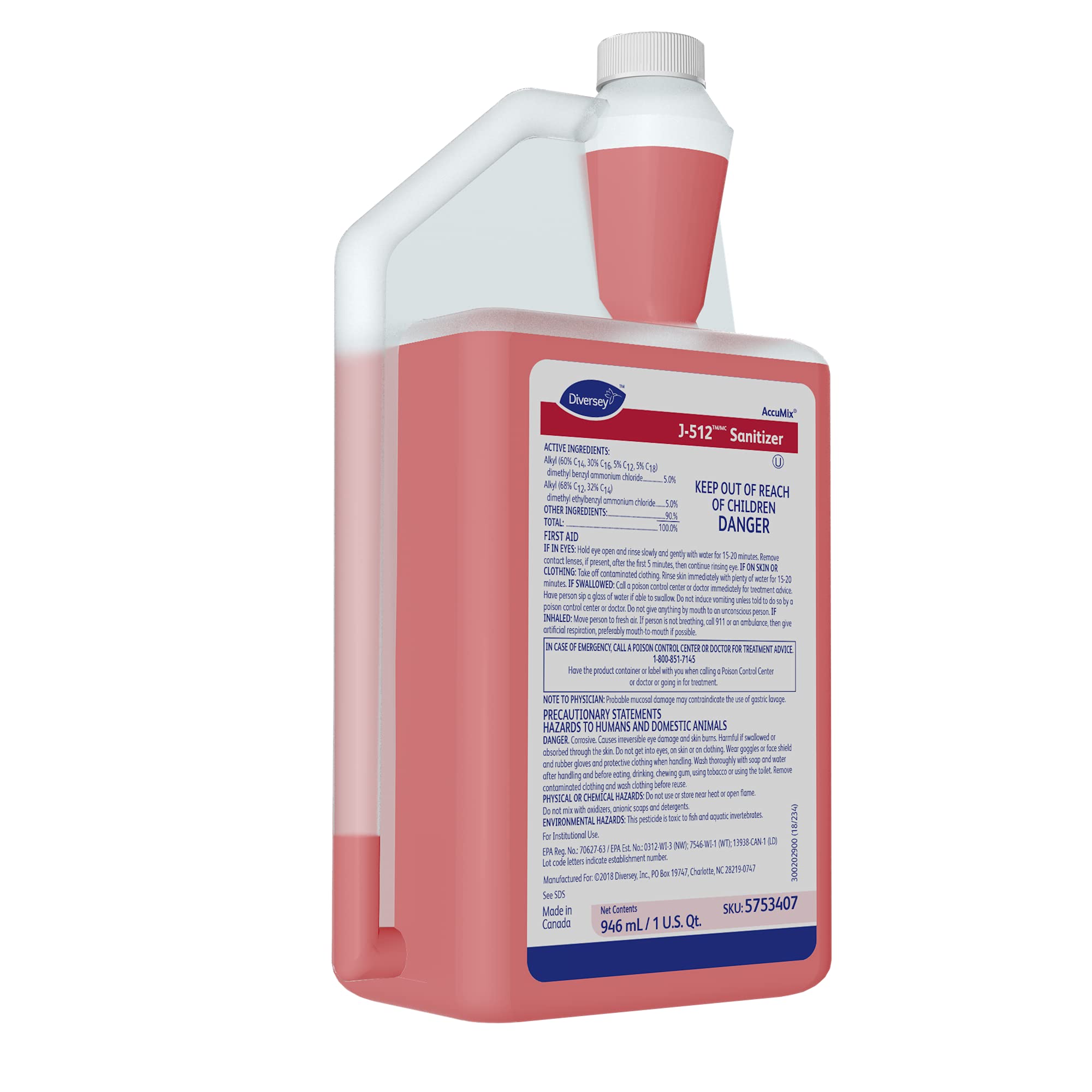 Diversey 5753407 J-512 Sanitizer, Final Step No Rinse Food Contact Kitchen Sanitizer for Utensils & Dishes, AccuMix Concentrate, 32-Ounce