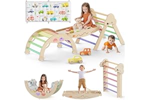 KIDSBUDDY Pikler Triangle Set with Cushion 9 in 1 Foldable Montessori Climbing Toys for Toddlers 1-3 Indoor Wooden Kids Playground Baby Climbing Toys with Maze Toys, Shape Sorter Toys, Car Toys