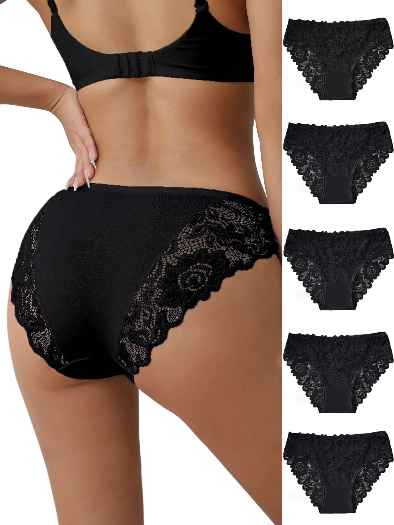 Photo 1 of everjoys 5pack-Black Sexy Underwear Lace Panties for Women Bikini Underwear Hipster Underpants Lace Soft Breathe Briefs Multipack XL Size