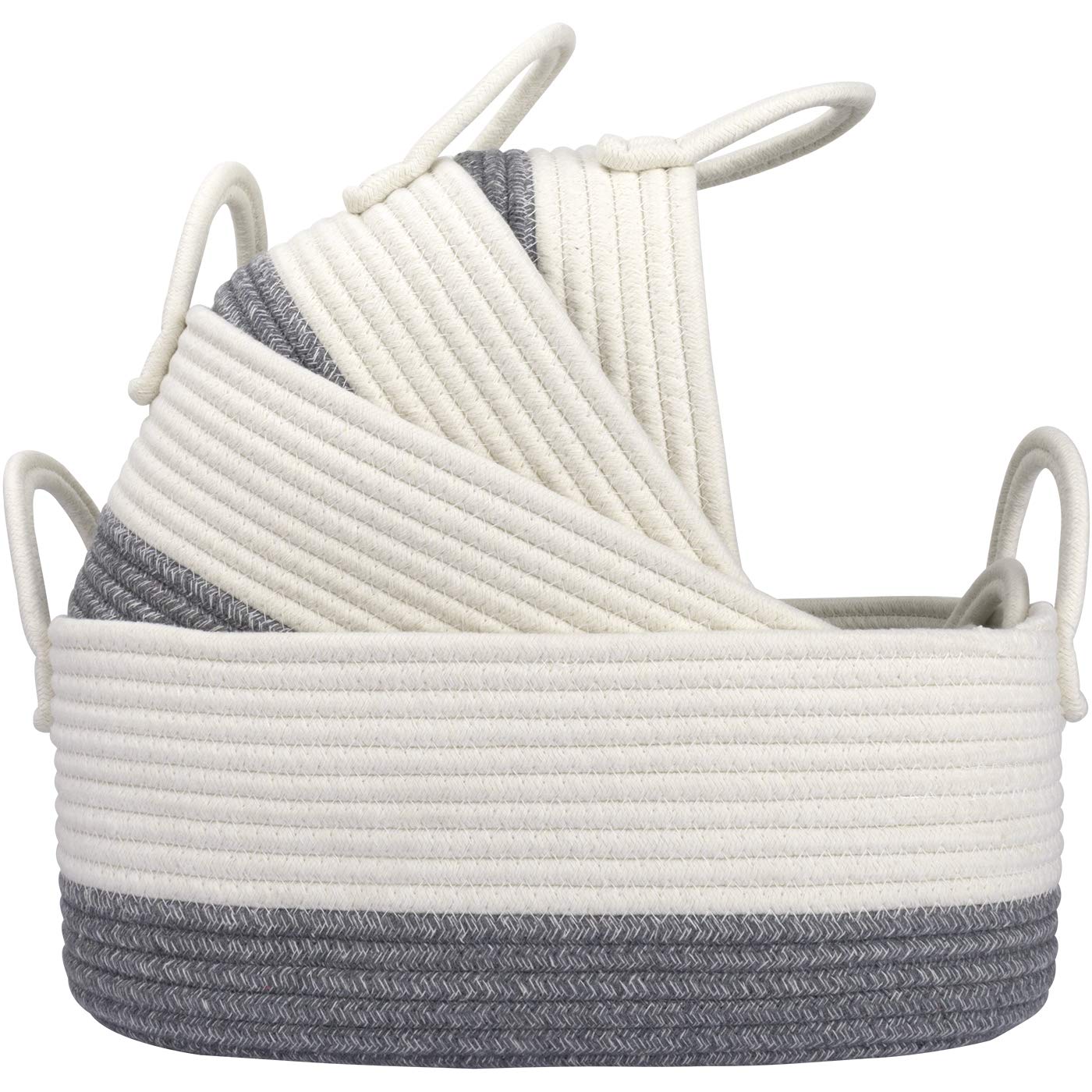 LA JOLIE MUSE Cotton Rope Woven Storage Basket Set of 4, Stackable Multipurpose Organizer Bins with Handles, White & Gray