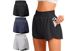 TVKSOM Women's Athletic Workout Shorts High Waisted with Zipper Pockets Gym Elastic Running Shorts for Women Casual