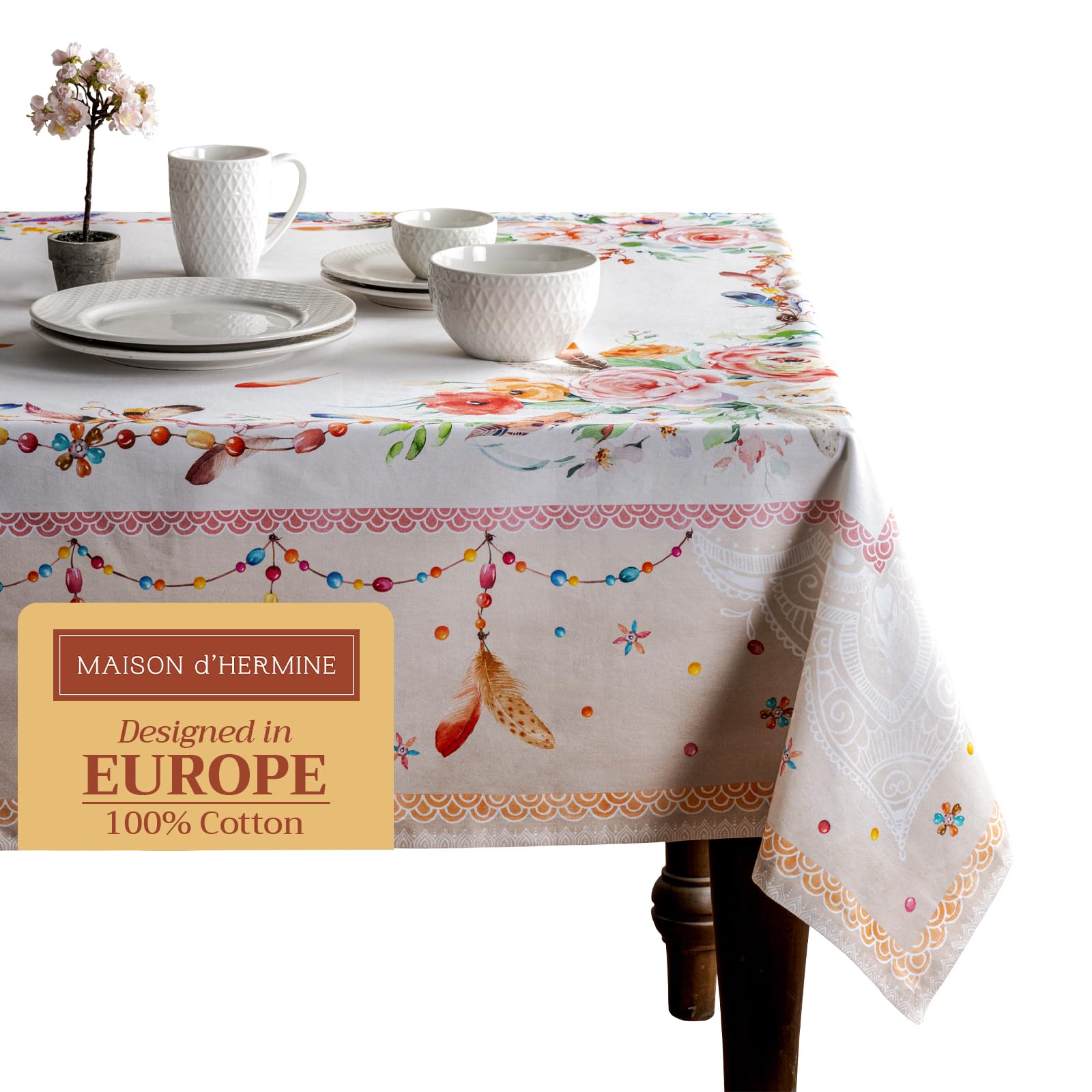 Maison d' Hermine Table Cloth Rectangle Table 100% Cotton 230 cm x 140 cm Tablecloth Reusable Everyday Use for Dining Farmhouse Home Party Festive Gifts for Mothers Day (Ibiza - Beige)