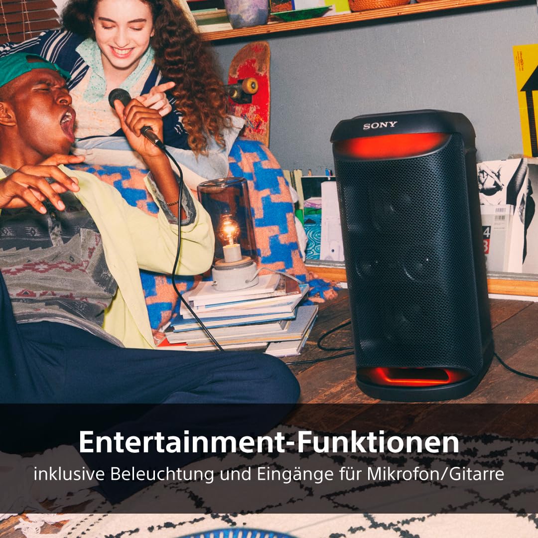 Sony SRS-XV500 - Kabelloser Bluetooth-Partylautsprecher mit kraftvollem Sound und MEGA BASS - 25 Stunden Akkulaufzeit, tragbar, LED-Beleuchtung, Party Connect, IPX4, Karaoke-Mikrofoneingänge - Schwarz 8