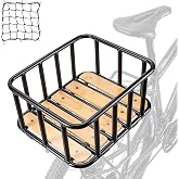 CXWXC Rear Bike Basket - Wooden Base Baskets Rear Large Capacity | Bicycle Rear Basket with Cargo Net and Waterproof Cover