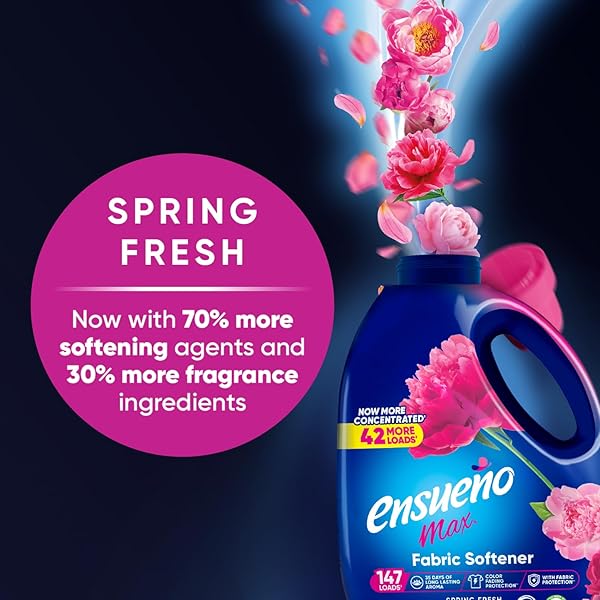ENSUEÑO MAX LIQUID FABRIC SOFTENER – SPRING FRESH SCENT – 125 FL OZ – COLOR-SAFE FABRIC SOFTENER LIQUID – SOFTENS 147 LOADS – REDUCES WRINKLES & STATIC