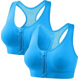 PmiYniV Zip Front Sports Bras for Women 2 Pack Racerback Support Breathable Workout Bras Athletic Full Coverage Bralette