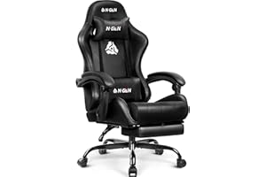 N-GEN GAMING Video Gaming Chair with Footrest Lumbar Support for Home Office High Back Recliner Height Adjustable Ergonomic Comfy Leather Computer Desk Chair (Black)