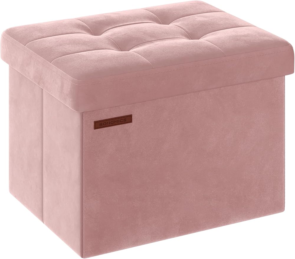 SONGMICS Storage Ottoman Foldable Foot Rest 31x41 cm Velvet Pink LSF200R51