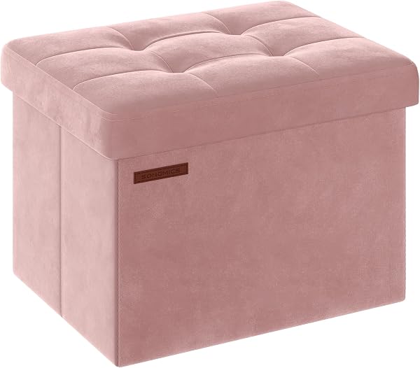 SONGMICS Small Folding Storage Ottoman, Jelly Pink | Foot Rest Stool, 12.2 x 16.1 Inches, 286 lb Capacity, Bedroom, Dorm, ULS