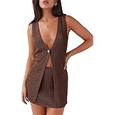 Tankaneo Womens 2 Piece Vacation Sets Sleeveless V Neck Long Vest Knit Top and Mini Skirt Summer Beach Outfits