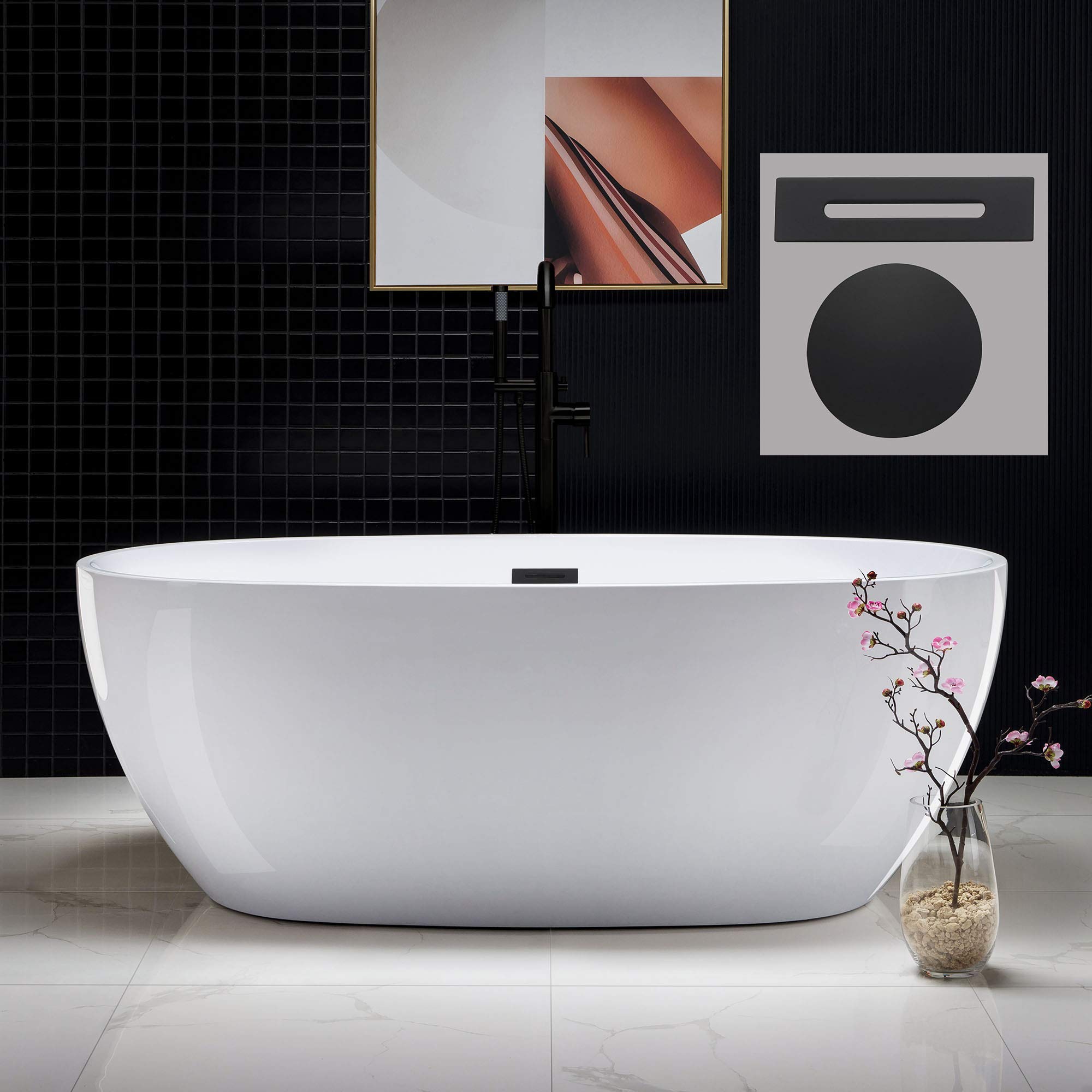 Photo 1 of WOODBRIDGE 67" Acrylic Freestanding Bathtub Contemporary Soaking White Tub with Matte Black Overflow and Drain? B0028 -MB-Drain &O