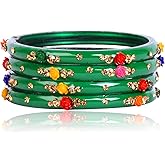 JD'Z COLLECTION Indian Bangles Jewelry For Women Glass Bangles Flower Design Costume Matching Partywear Bangles Set 4pc Beautiful Bollywood Bangles