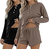 2 Pack Women's Waffle Pajama Sets Lounge Long Sleeve and Shorts PJ 2 Piece Set Lightweight Matching Loungewear Sleepwear