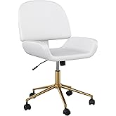 Martha Stewart Tyla Armless Swivel Task Chair for Home Office in White Faux Leather with Polished Brass Frame