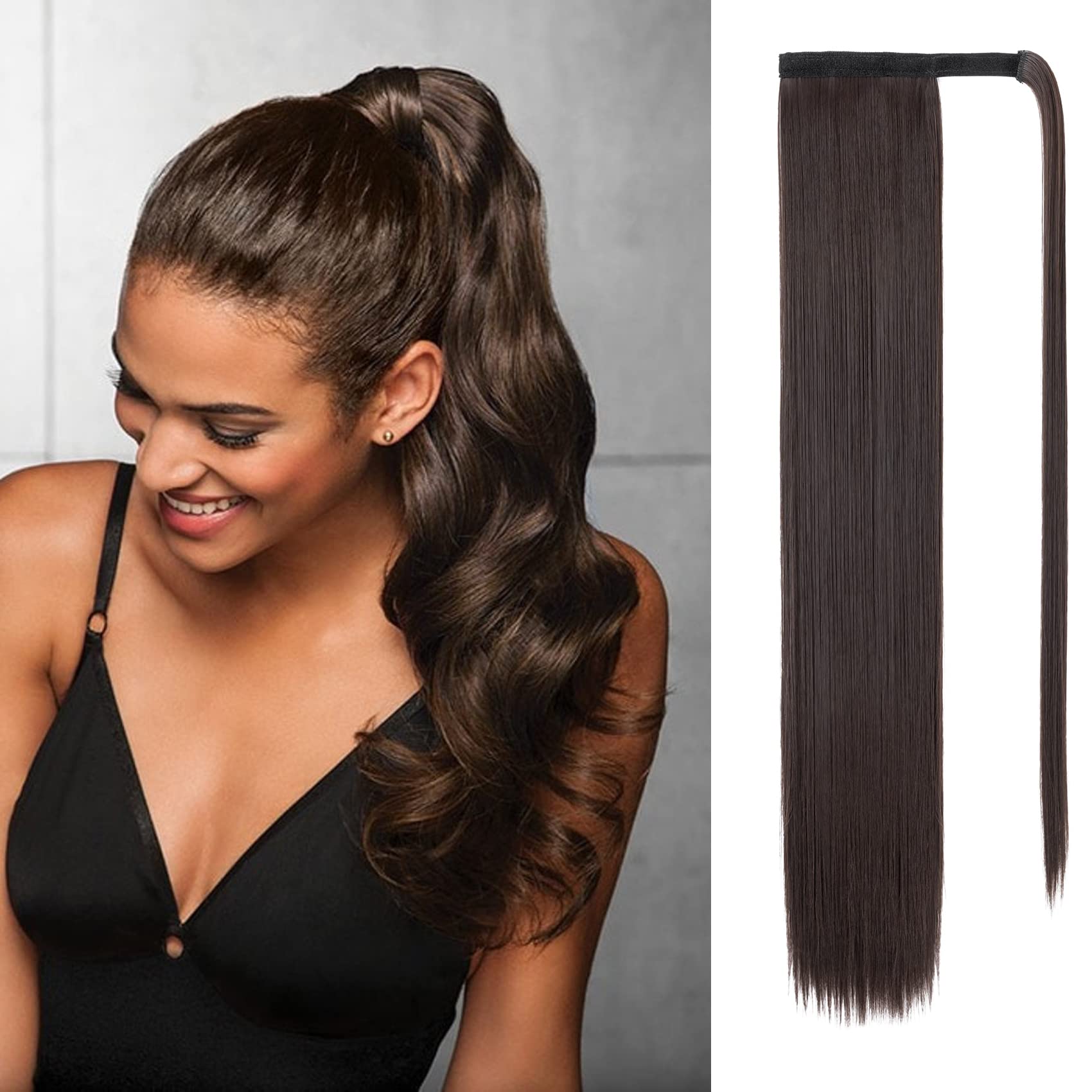 Silk-co Clip in Ponytail Wrap Around Hairpiece Straight Pony Tail Hair Clip on Extension 28 Long hair smooth Heat-Resisting Fiber Hairpiece for Women Dark Brown