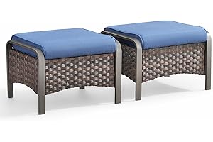 HUMMUH 2 Pieces Outdoor Wicker Ottomans-Outdoor Patio Ottoman with Removable Cushion Outdoor Footstool for Deck Lawn Porch Garden Backyard-Brown/Blue