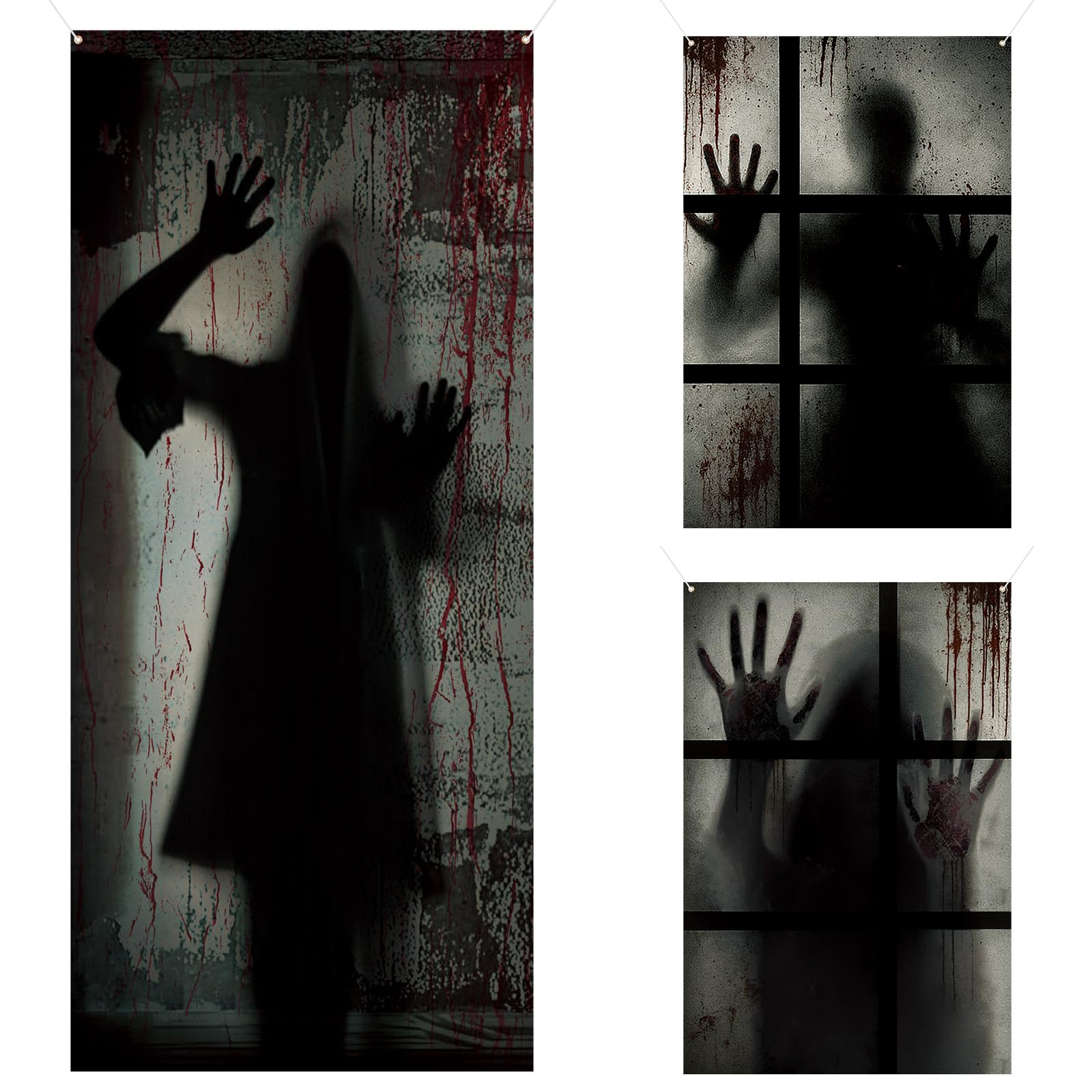 Photo 1 of DoubleFill 3 Pcs Halloween Window Door Covers Set Scary Ghost Curtain Halloween Window Silhouette House Curtain Horror Door Poster for Indoor Outdoor Party Wall Garage Decor