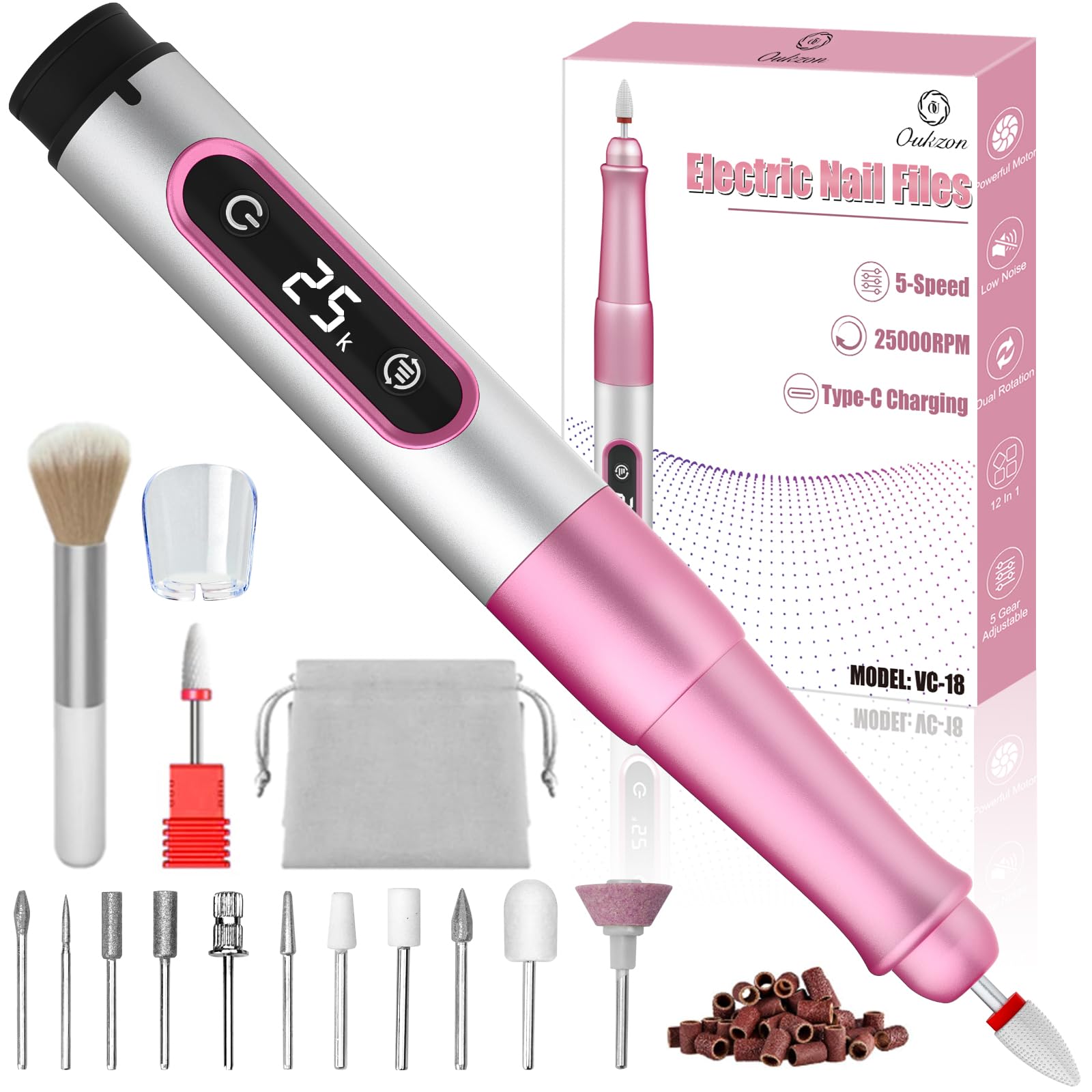 Oukzon Electric Nail Files Cordless, 13 in 1 Electric Nail Drill 25000RPM 5 Speeds, Portable Nail File for Acrylic Polish & Hard Skin Removal, Professional Manicure Pedicure Kit for Women
