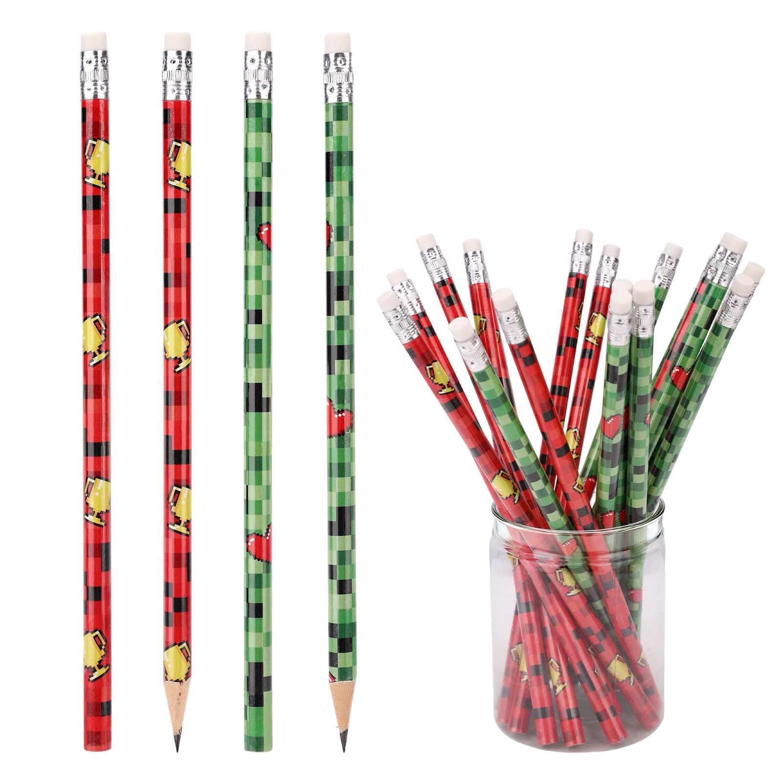 SAVITA 20pcs Pixel Pencils, Red & Green Wooden Video Game Themed Pencils with Eraser for Kids Boys Girls Game Lovers Birthday Party School Bag Fillers Classroom Supplies Office Stationery