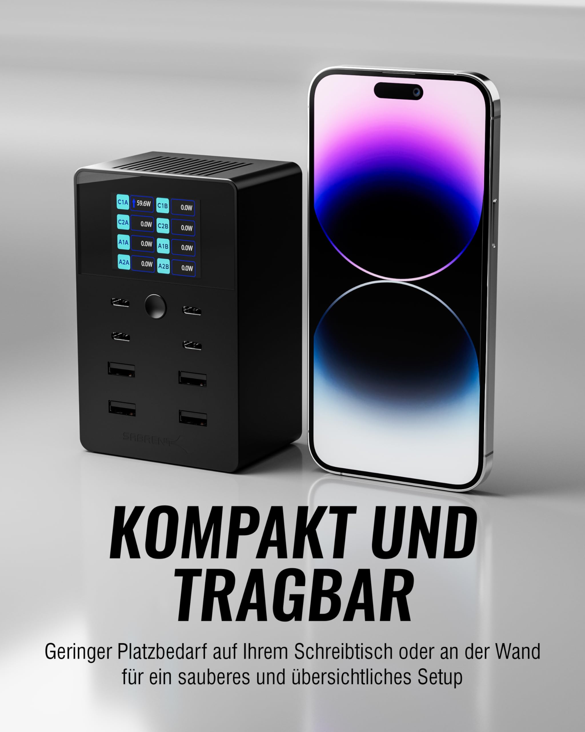 SABRENT USB Ladestation 252W 8-Port PD 3.0 mit LCD Display - GaN Charger Ladegerät - Schnelle Charging Station für USB-C & USB-A Geräte, Laptops, Smartphones - PPS, Überladungsschutz (AX-8PTC) 6