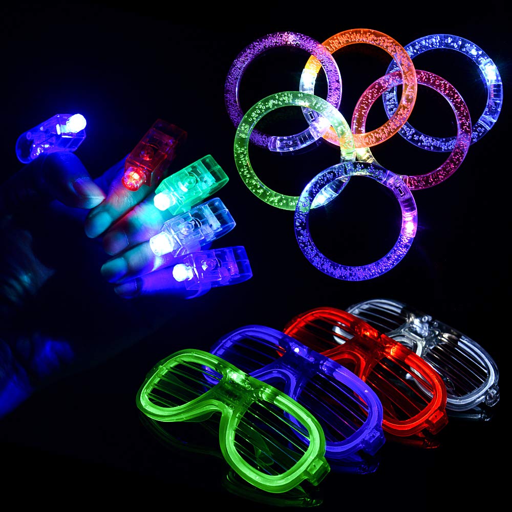 LED Party Favors,BASEIN 50PCS LED Light Up Toys Glow in the Dark Party Supplies for Kids Adults Teens with 40 LED Finger Lights,6 Bracelets and 4 Flashing Slotted Shades Glasses