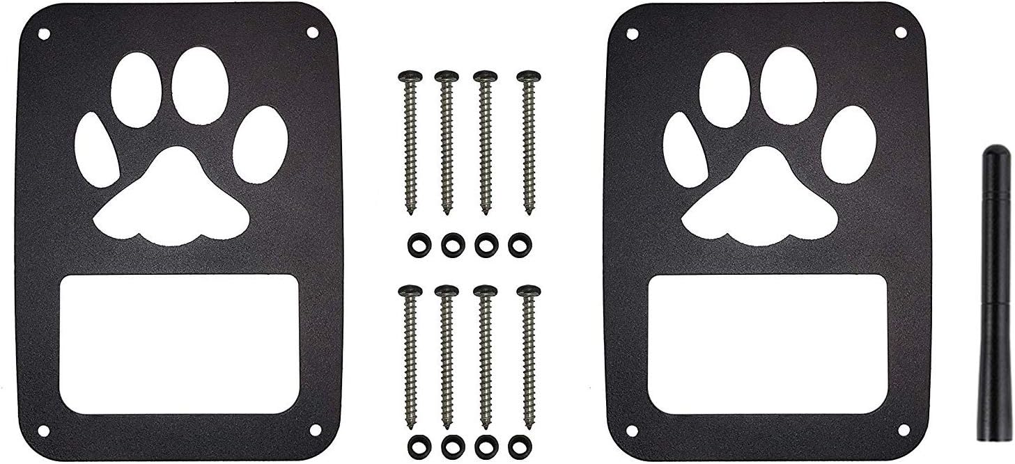 VroomTec Jeep Wrangler Aluminum Tail Light Guards - Accessories Include Stubby Antenna and All Hardware for JK and JKU (2007-2018) - Precision Made Covers - Never Rust (JK Paw Pair Stubby)