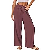 AISEW Women's Cotton Linen Palazzo Pants Drawstring Elastic Waist Casual Wide Leg Long Lounge Trousers with Pockets