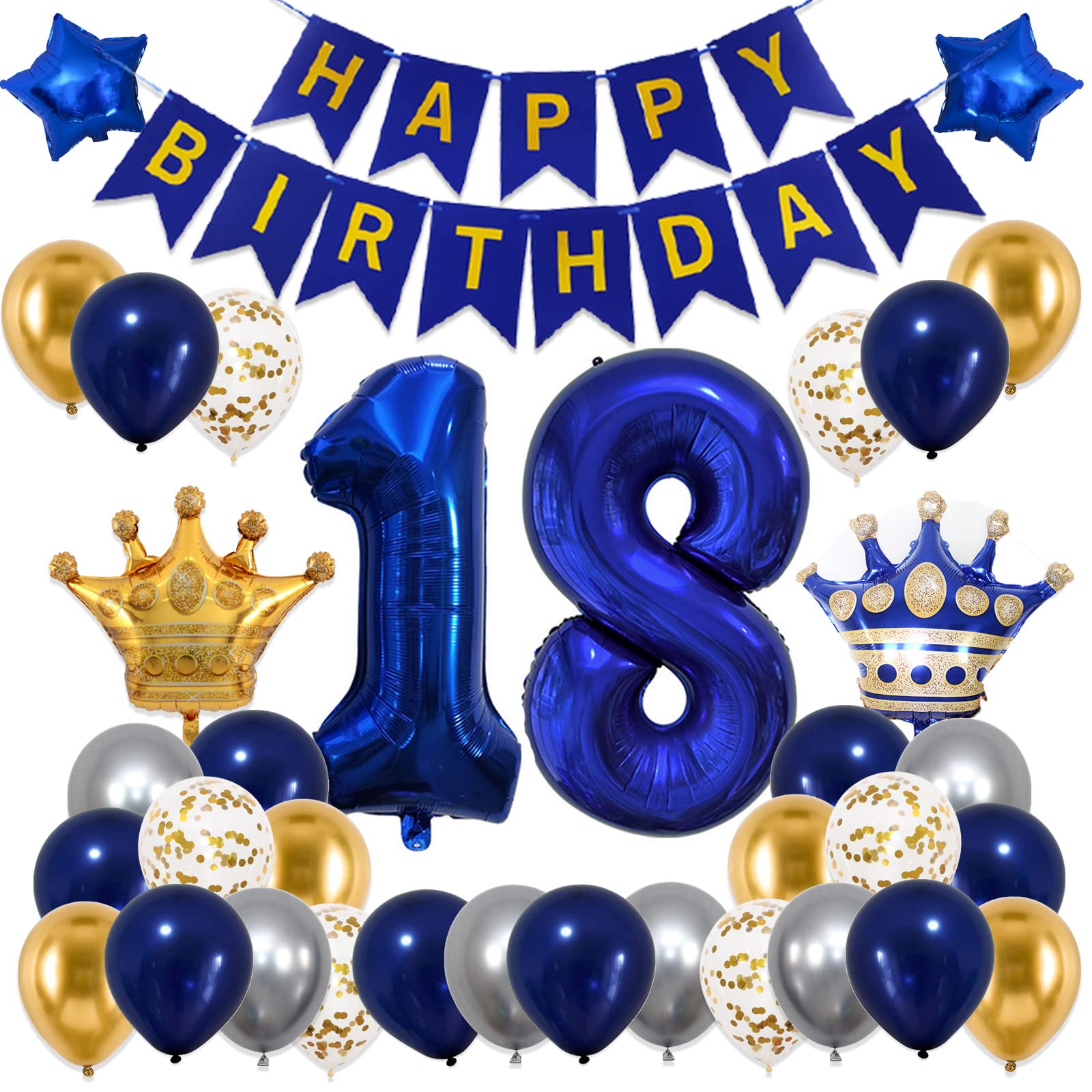 18th Birthday Decorations for Boys Girls,Blue 18th Birthday Party Decorations with Happy Birthday Banner,Number Balloons,Star Foil,Confetii and Latex Balloons
