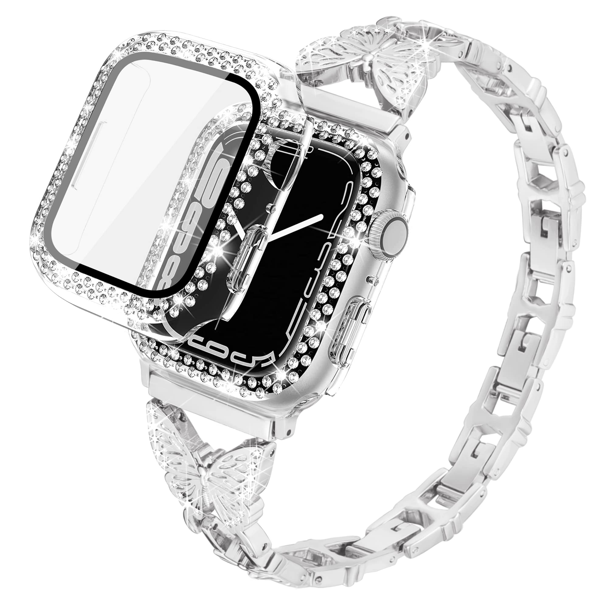 Vamyzji Compatible with Metal Apple Watch 9 Straps 41mm + Bling Diamond Crystal Protective Case with Screen Protector, Adjustable Butterfly Bracelet for Apple Watch Series 9, 8, 7 (Silver)
