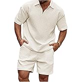 WDIRARA Men's 2 Piece Outfits Quarter Zip Textured Shirts Shorts Set Vacation Outfits Beige Small