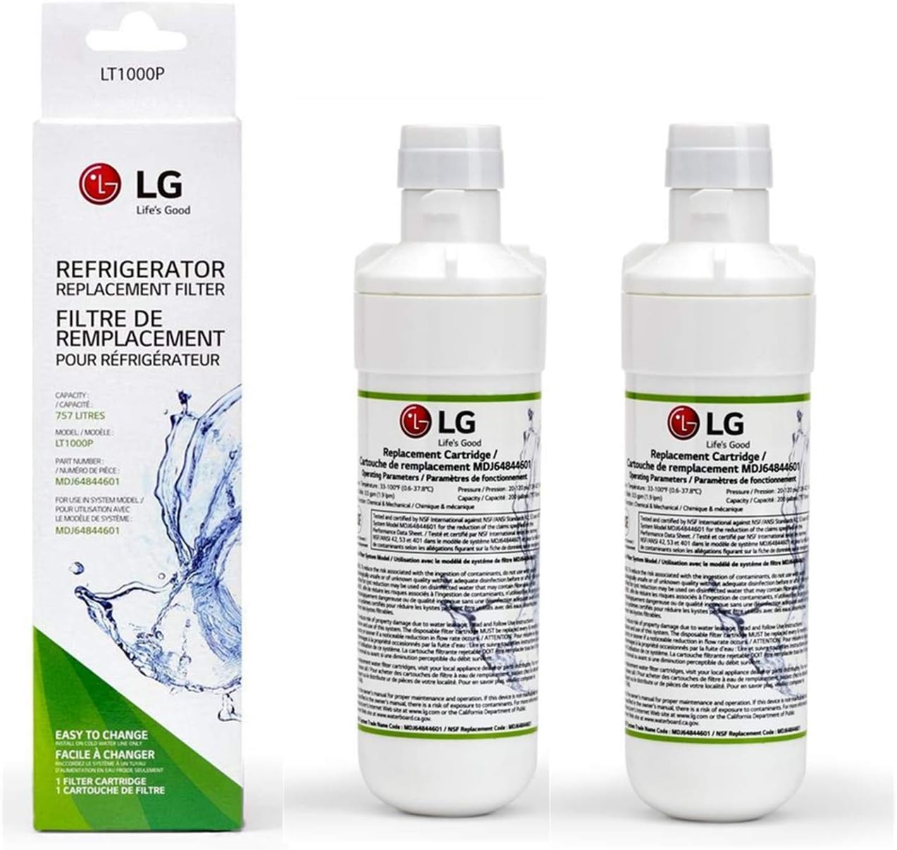 LT1000P Refrigerator Water Filter Replacement Leak-Proof, Compatible with LG LT1000P, LT1000PC, LT1000PCS, MDJ64844601, ADQ74793501, ADQ74793502, Kenmore 46-9980, 9980 (Pack of 2)