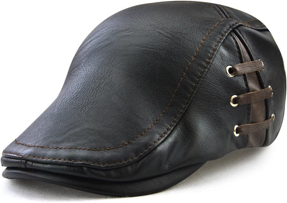FayTop Men's Vintage Newsboy Cap PU Leather Ivy Flat Gatsby Hat Winter Golf Driving Hats Beret Caps E12968-black