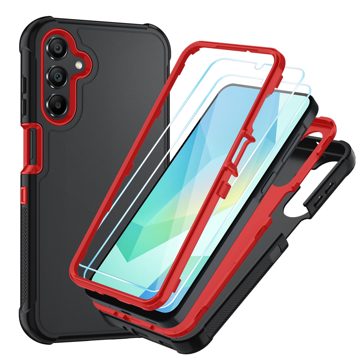 Suncasetor Case for Samsung Galaxy A16 5G Case : 3-Layer Shockproof Phone Cover with HD Screen Protector,Hybrid Protective Military-Grade Drop Protection for Galaxy A16 5G Phone Case (Black/Red)