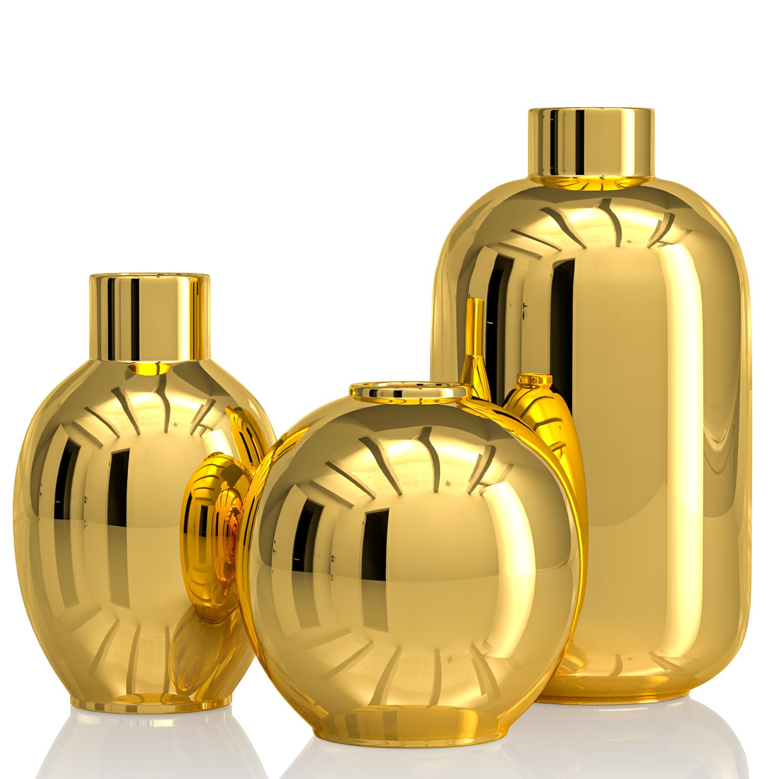 Photo 1 of Glossy Gold Ceramic Flower Vase Set of 3,Gold Modern Round Decorative Vases for Pampas Grass Home Decor,Bedroom,Office,Living Room,Bookshelf,Wedding,Bathroom Table Centerpiece