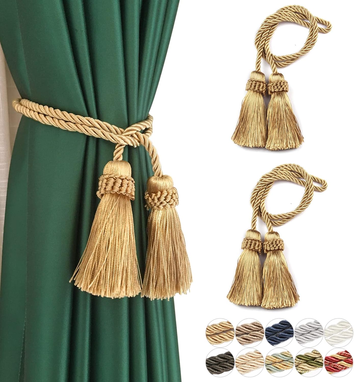 Window Treatment Hardware - Fenghuangwu 2 Pack Curtain Tiebacks Handmade Decorative Curtain Holdbacks Rope with Tassel- Gold