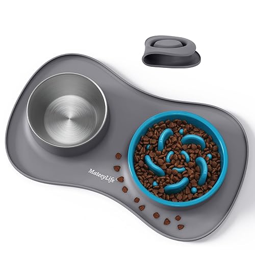 MateeyLife Dog Food Bowl Set 3 in 1, Dog Bowls Slow Feeder & Water Stainless Steel Bowl with Non-Spill Silicone Mat, Slow Feeder Bowls for Small, Medium, Large Breeds, Cat Feeding Dish to Anti-Choking