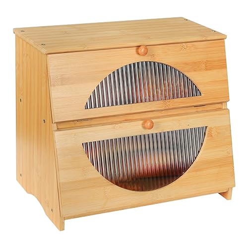 Leader Accessories Double Decker Bamboo Bread Bin 2-Layer Bread Box Large Capacity Bread Storage for Kitchen translucent window 15.3"x9.8"x13"