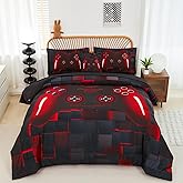 PERFEMET 6-Piece Boys Comforter Set Queen Size Game Console Bedding Set for Kids Teen 3D Black and Red Gamepad Gaming Bed in a Bag Matching Sheet Set(Red, Queen)