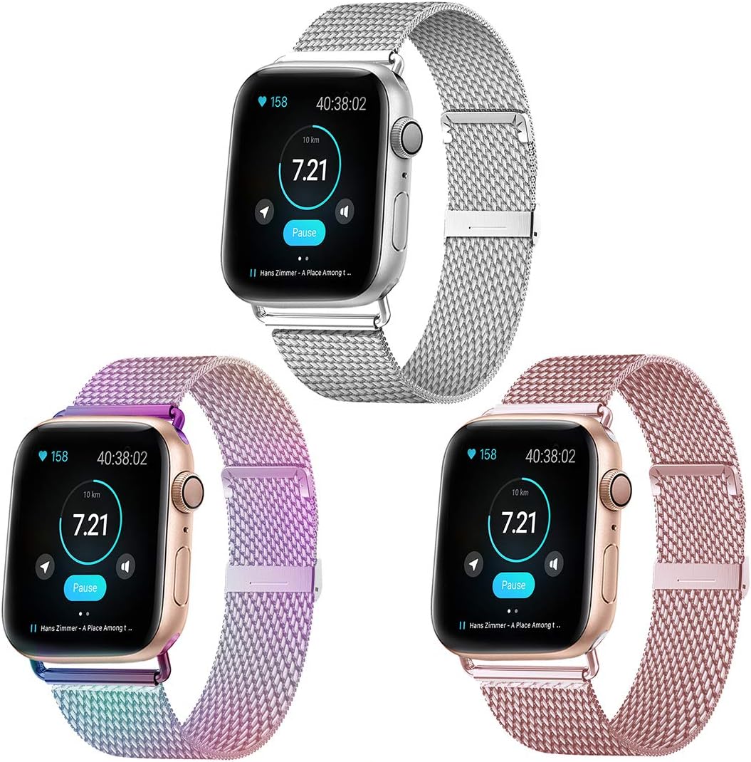 HILIMNY Band Compatible with Apple Watch 42mm 44mm, Stainless Steel Mesh Sport Wristband with Adjustable Magnet Clasp Compatible with iWatch Series 1, 2, 3, 4, 5, Silver, Pink, Colorful