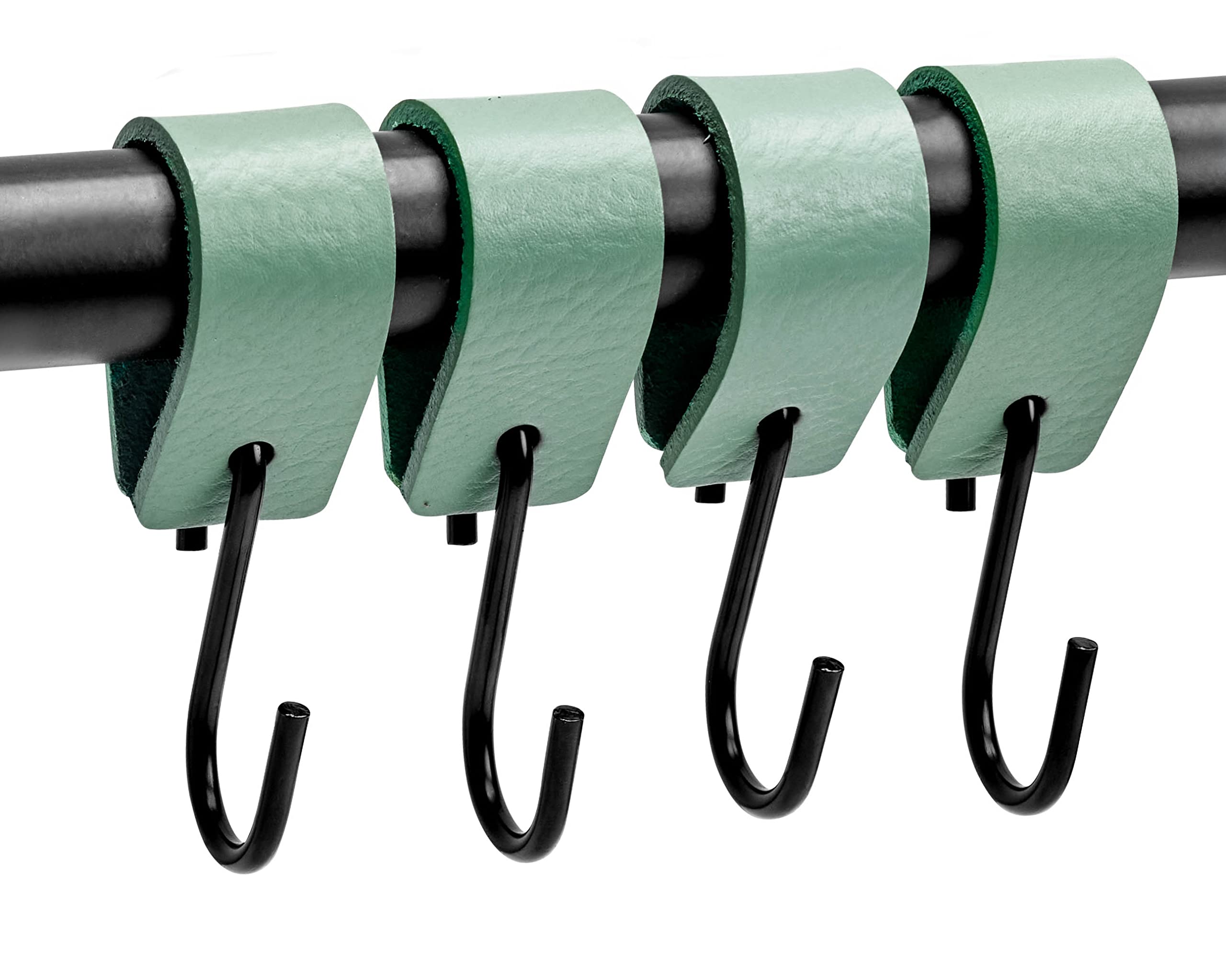 Brute Strength - Leather S Hooks for Hanging - Pale Green - 4 Pieces - Incl. Silver & Black Hooks for Hanging Coats, Cups, Towels, Kitchen Leather s-Hooks